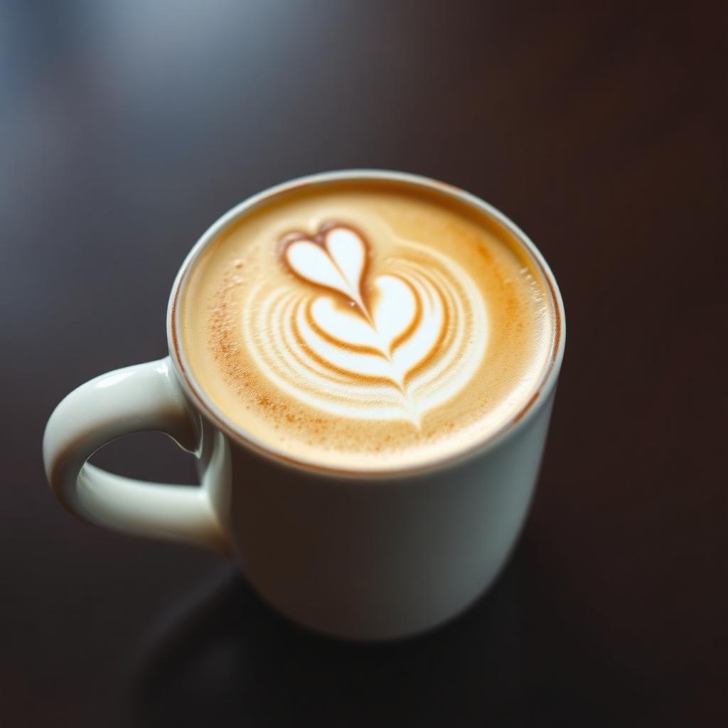 A ceramic mug of frothy cappuccino with latte art