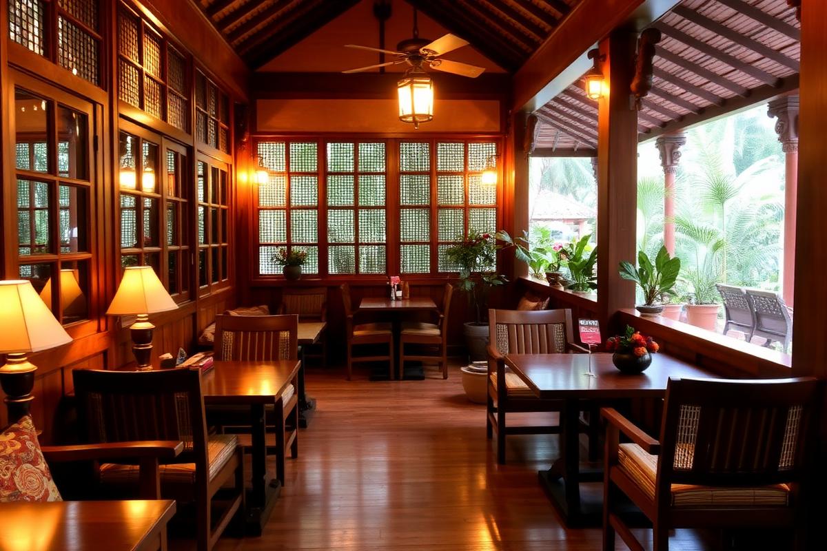 Cozy interior of Bean & Brew Café with teak wood and warm lamps