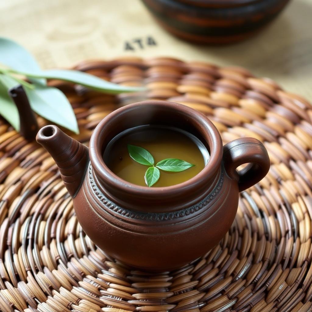 A traditional Kerala clay pot of masala tea on a woven mat